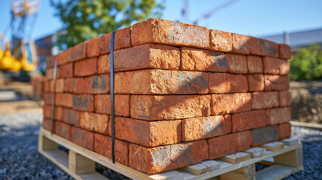 Low angle view of a tall stack of red bricks secured on a wooden pallet, repeating horizontal layers creating strong geometric lines, rough brick faces and chipped edges clearly visible, sunlight gr