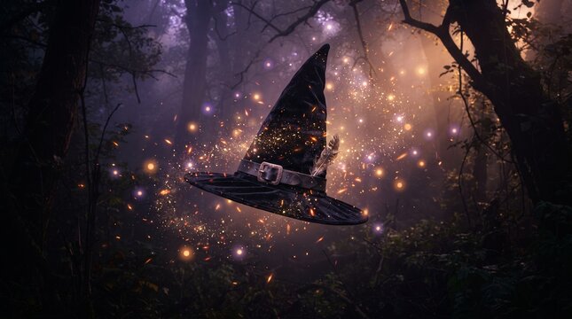 Floating witch hat with magical glowing sparkles in a dark mystical forest