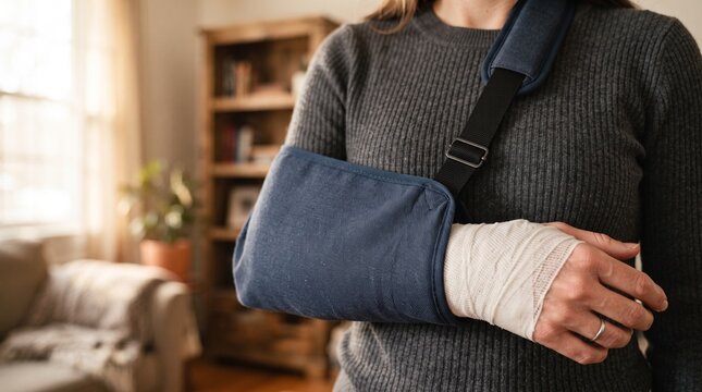 Woman wearing an arm sling and bandage for an injury in the living room