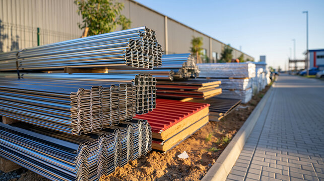 Outdoor roofing materials yard displaying neatly organized piles of corrugated steel sheets, standing seam metal panels, flat roofing sheets and insulated sandwich panels, different profiles and tex