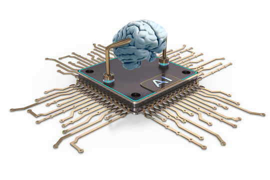 KI Microchip Gold, k&uuml;nstliche Intelligenz Microchip mit vergoldeten Leiterbahnen, menschlichen Gehirn auf transparenten Hintergrund - 3D Rendering
