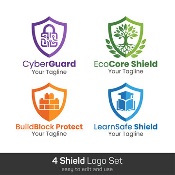 This compilation features four unique shield logos representing concepts of cybersecurity, eco-friendliness, construction safety, and educational protection, all in vivid colors.