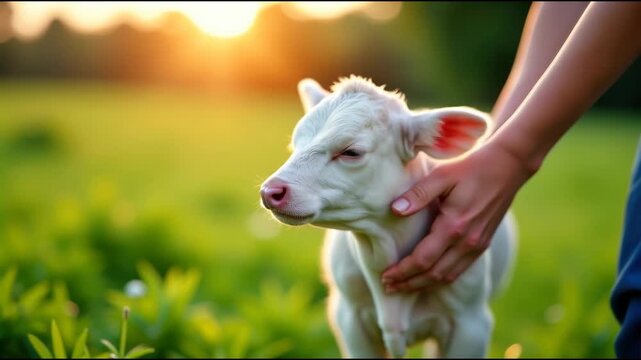 A small white cow standing on top of a lush green field, suitable for rural or farm-themed designs