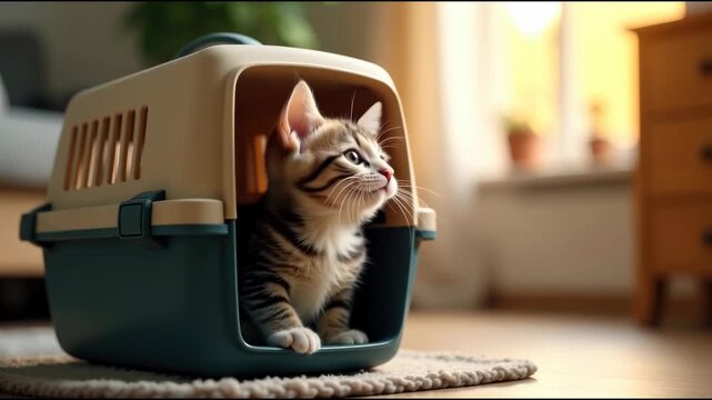A small kitten is sitting inside a cat carrier
