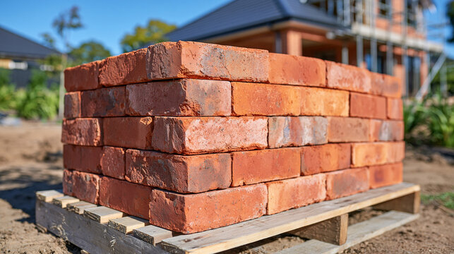 Stacked red clay bricks arranged neatly on a wooden pallet at an outdoor construction site, crisp rectangular forms with rough fired surfaces, subtle variations in red and terracotta tones, unfinish