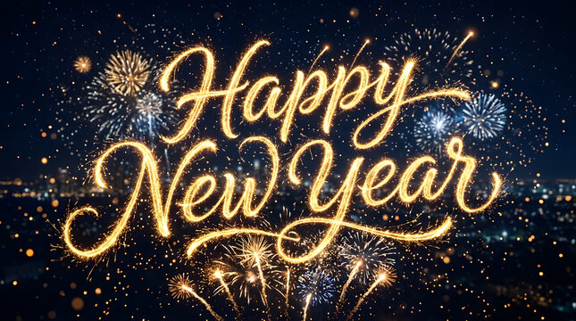 Happy New Year text written in sparkling gold light against a night sky with fireworks transparent background