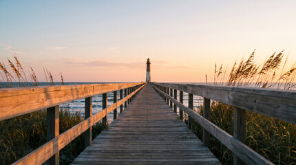Obraz premium Wooden boardwalk leading to a lighthouse on the beach during a beautiful soft golden hour sunset