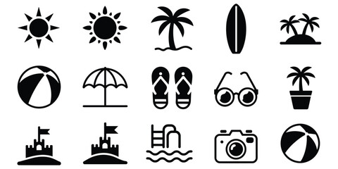 Set of black summer vacation featuring palm trees, beach balls, suns, surfboards, flip flops, sunglasses, cameras, and sandcastles on a white background, for travel themes © Tanzila