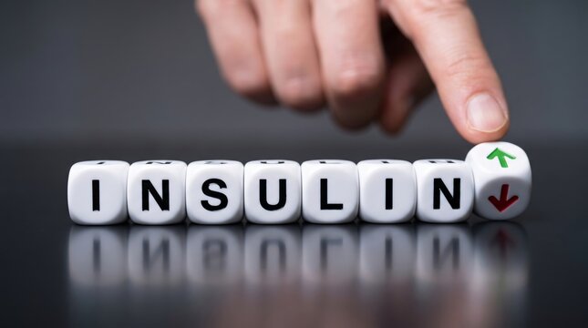 Conceptual display illustrating the crucial balance and regulation of insulin levels for managing diabetes and promoting overall metabolic health, with visual cues for upward and downward adjustments