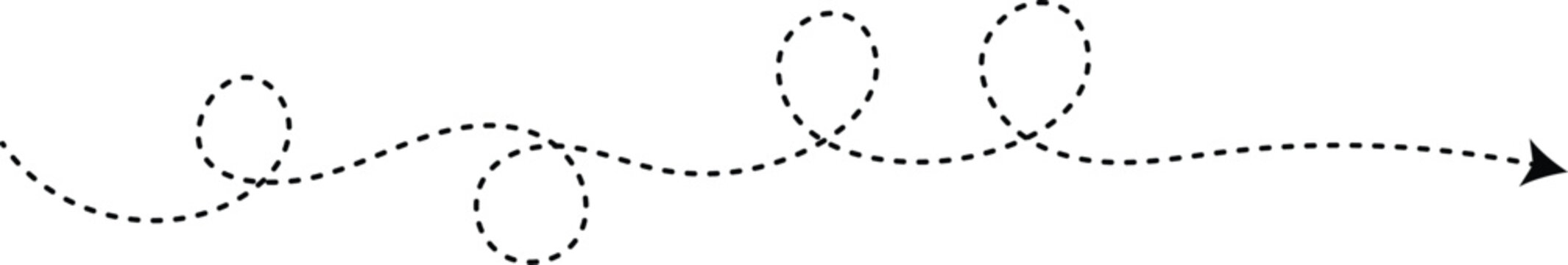 Dotted curly arrow wavy trajectory path icon. Spiral loop curved flight line direction pointer symbol. Black dotted loop arrow line collection