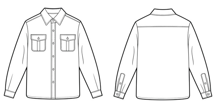 Technical fashion of a men's long sleeve button-down shirt with two chest pockets, front and back view, isolated on a white background, for apparel manufacturing