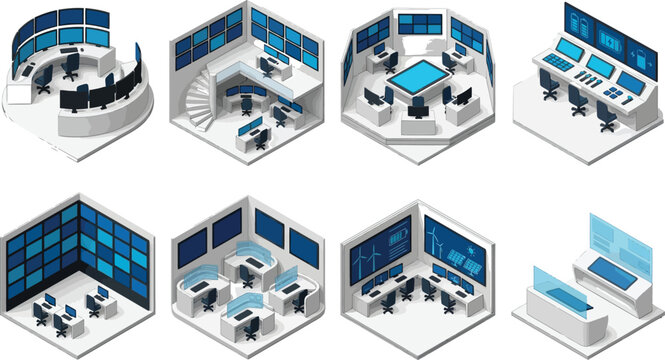 Isometric control room illustrations set of modern security monitoring stations with multiple screens and workstations for technology and data analysis concepts