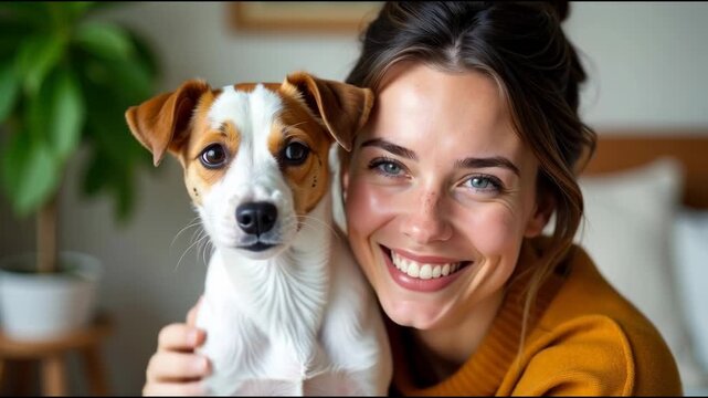 A woman holds a small dog in her arms, smiling warmly