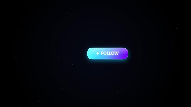 Glowing cyan and purple "+ FOLLOW" button with subtle particle field animation on a dark background - 4K video