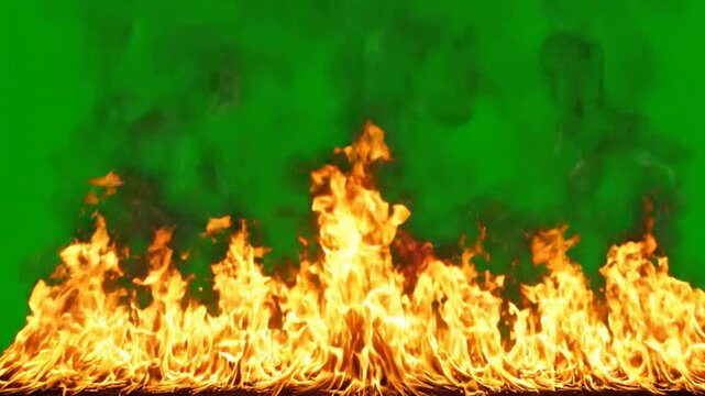 Intense fire wall isolated on green screen for chroma key compositing and visual effects flames inferno