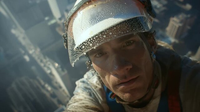High-rise worker in safety helmet climbs above city skyline. Close-up shows focused face, protective visor, and aerial urban view. Dramatic sunlight conveys risk, courage, and extreme job.