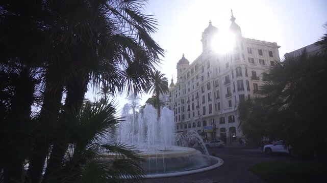 View of Fuente de la Plaza del Mar on Explanada of Spain during golden hour, Alicante, Costa Blanca, Spain