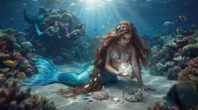 Beautiful mermaids with long hair exploring a vibrant coral reef underwater