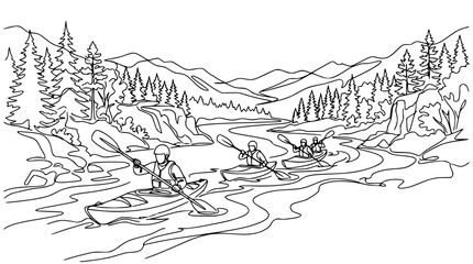 Fototapeta premium Kayaking Adventure: People paddling down a winding river surrounded by mountains and trees.