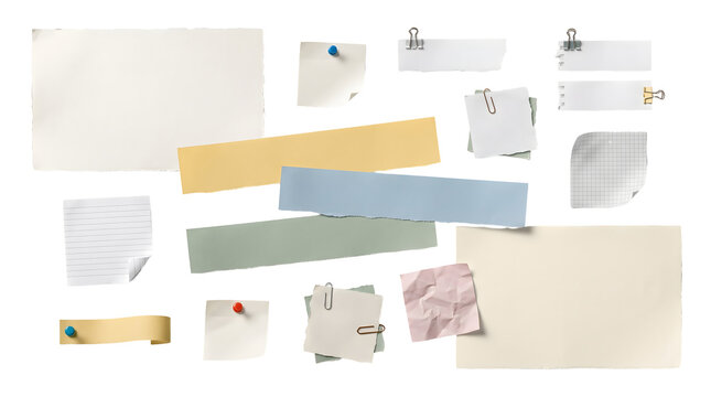 Torn paper elements collection with sticky notes and clips on transparent background