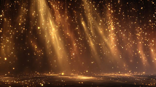 Enchanting golden rays of light and shimmering particles form a captivating ambiance in a softly illuminated environment