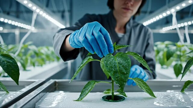 Woman scientist inspects plant leaf in hydroponic greenhouse. Researcher touches plant in hydroponic farm. Scientist examines plant growth in greenhouse. Hydroponic plant under inspection by woman.