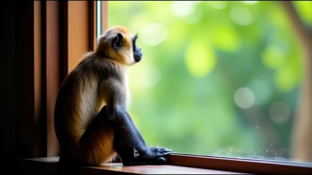 A monkey sitting on a window sill looking out the window