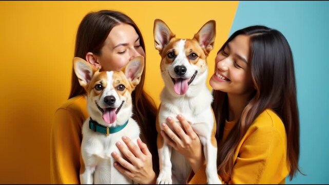 Two women and a dog posing for a  shoot