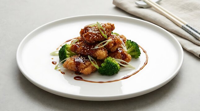Delicious crispy chicken pieces served with fresh green broccoli on a white ceramic plate. general tso chicken