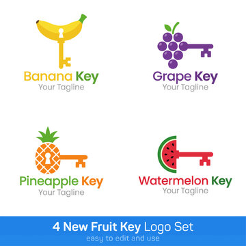 This engaging logo set showcases four different fruit-themed keys, representing banana, grape, pineapple, and watermelon, merging fun with uniqueness in logo design.