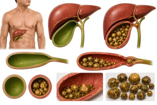 Medical illustration comparing a healthy gallbladder with gallstones, showing multiple stones, gallbladder inflammation, bile ducts and a stone near the cystic duct.