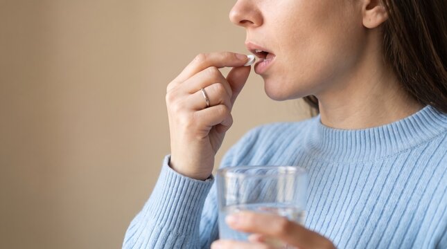 Adult female carefully taking a small white pill with a glass of water in her hand, representing routine health management and wellness practices