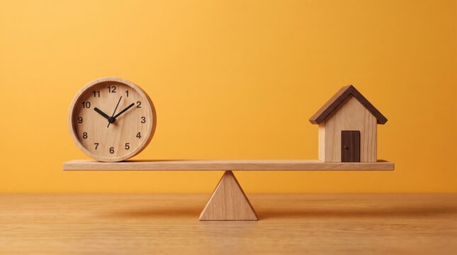Balancing time and property wooden seesaw with a clock and miniature house, symbolizing real estate investment, life priorities, and financial planning concepts