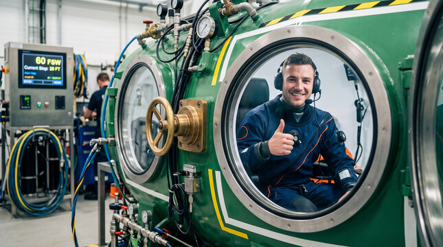 Diver decompression chamber, Young man in jumpsuit giving thumbs up inside hyperbaric chamber  