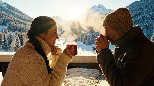 Couple drinks hot beverage on snowy mountain balcony at sunrise. Man and woman enjoy warm drink on winter balcony with alpine view. Romantic couple shares hot coffee on mountain terrace in winter
