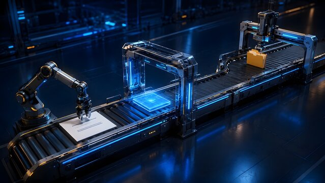 Automated document digitization process with robotic arm handling paper and glowing scanner interface converting file to digital folder