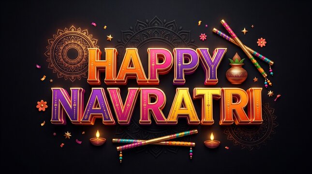 Happy navratri 3d text with dandiya sticks and diya lamps