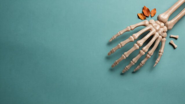 Halloween Bundle featuring skeleton hands and autumn leaves on green background