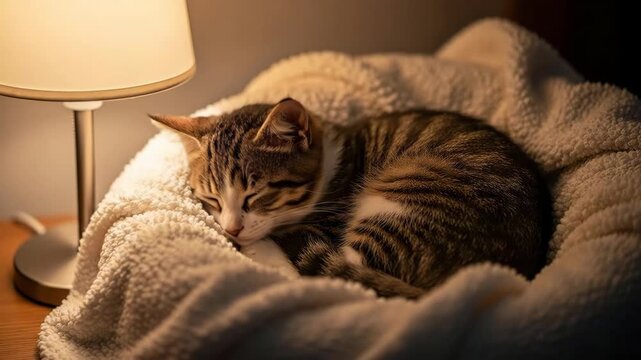 Adorable tabby cat sleeping soundly in a cozy, warm blanket under soft lamp light.