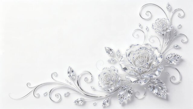Clear crystal glass roses, elegant waving floral corner frame border, premium wallpaper backdrop, copy space, gemstone accent, graceful delicate swirling silver scrolls, plain clean white background