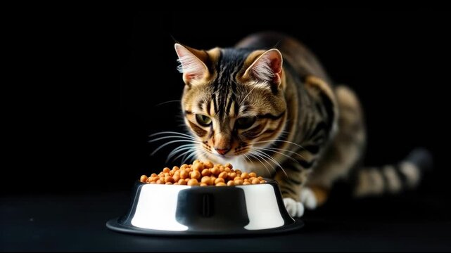 A cat eating from a bowl of food