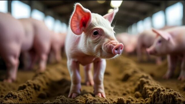 Group of pigs grazing on a dirt field