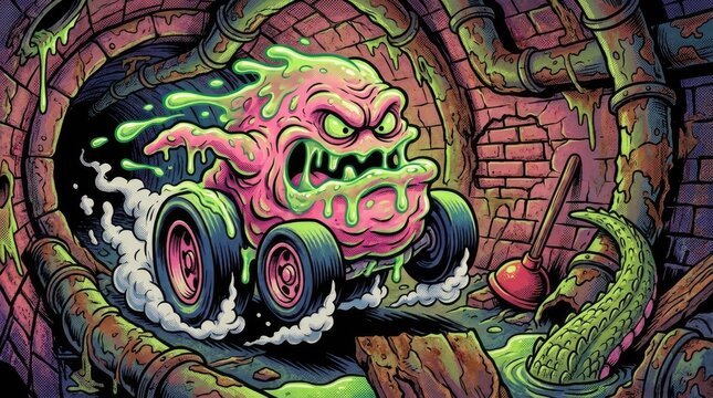 Cartoon green slime monster driving vehicle in sewer tunnel.