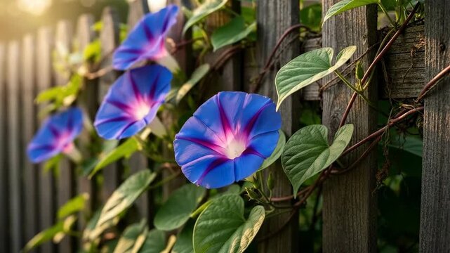 Vibrant blue and purple morning glory flowers blooming on a rustic wooden fence in golden sunlight.