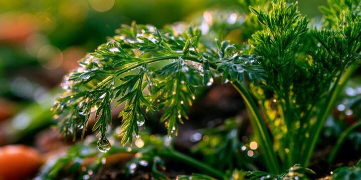 Fresh carrot tops with dew drops glistening in morning sunlight, vibrant green foliage, natural garden setting, soft bokeh background, organic farming theme.