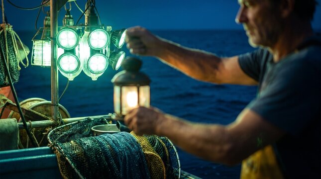 Squid fishing boat lights, Middle-aged fisherman working with lantern on fishing boat at night  
