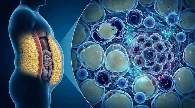 3d medical illustration of visceral fat accumulation in the human abdomen with a microscopic view of adipose tissue and inflammatory cells