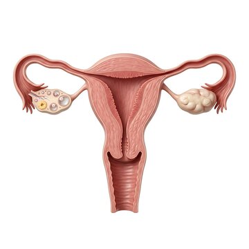 Anatomical illustration of the human female reproductive system showing the uterus, fallopian tubes, and ovaries with follicular development isolated on white background