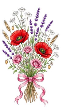 Wildflower bouquet line art transforming into colorful drawing