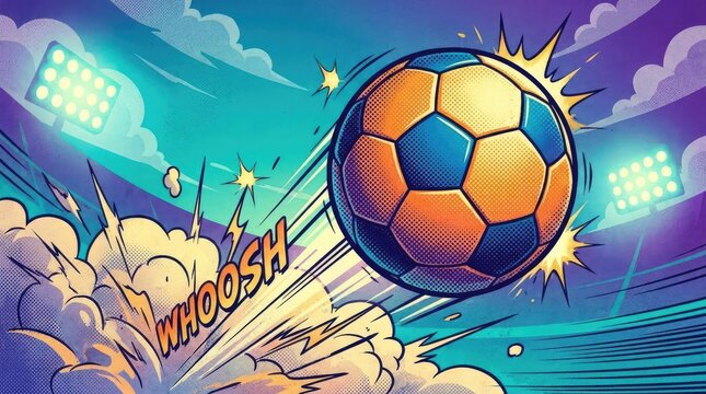 Comic style soccer ball stadium explosion illustration.
